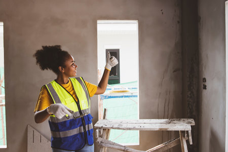 Side view Highly skilled African American female worker plastered the walls of a housing estate at the construction site looking at the work with pride thumbs up for success.の写真素材
