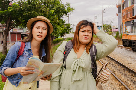 Forgetting to study the confusing journey of two female tourists consulting each other on an unknown train journey, bewildered and missed the train to leave the station.の写真素材