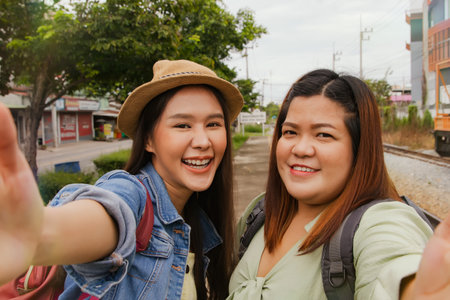 Sexy girl with a delicate figure with a cute fat plus size close female friend. They traveled together happily waiting for the train at the suburban station, ready to go sightseeingの写真素材