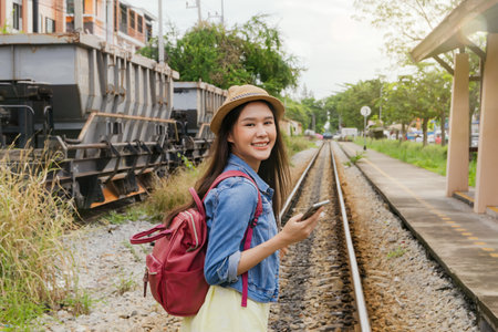 Portrait beautiful asian woman carrying holiday vacation backpack enjoys walking around the train station while traveling alone on a clear day.の写真素材