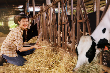 Happy asian farmers wearing cowboy hats are happy to take care of dairy farming : Supervise the business of producing quality cow milk in a clean and modern cattle farm that meetsの写真素材