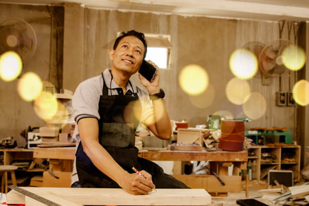 Senior asian carpentry workers use smartphones to take orders from customers, arrange wooden furniture according to customer requirements with great care, friendly atmosphere.の写真素材