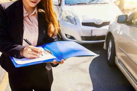 Female insurer working at the scene responsible for helping get car insurance during car crash junction taking notes documents evidence for inspection and claiming compensatiom disの写真素材