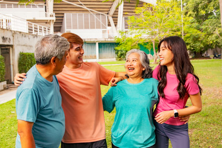 Happy asian family exercising together in the park. Senior people lifestyle concept.の写真素材