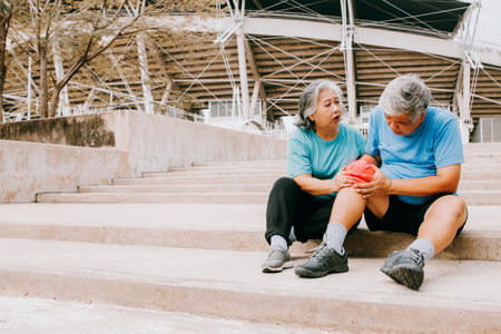 Asian senior couple sitting on stairs. Old people retired lifestyle concept.の写真素材