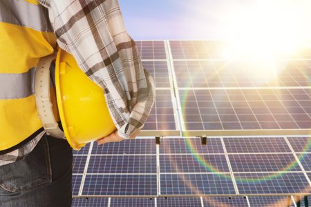 engineer with yellow helmet and solar panel on solar power station backgroundの写真素材