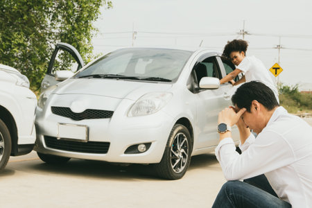 Asian man and African woman driver stand stressed out when they crash into the front of damaged car. sit and wait for the insurance company to clear and assess the damage : car insの写真素材