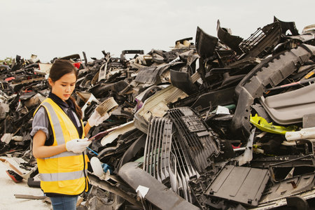 Beautiful asian female worker inspecting old parts, AC fans and piles of broken auto parts of different brands. Placed on the floor for sale and recycling to reduce environmental pの写真素材