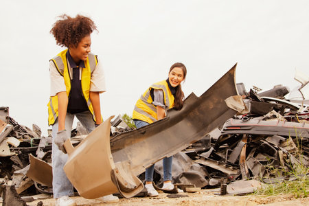 Two cheerful female workers working in an outdoor warehouse collecting old broken pieces of old car parts are working together to sort out damaged fiberglass fenders in a pickup trの写真素材