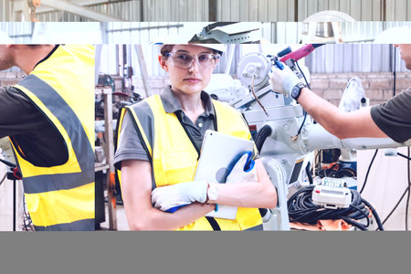 Architect team, electronic technician man and woman controlling remote control, robotic arm, electric welding in factory warehouse, automated testing by industrial electric circuitの写真素材