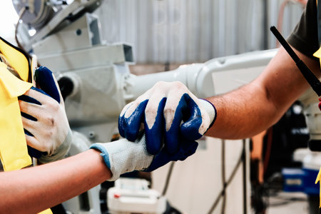Close up Image business partnership hands checking hands partners in workplace collaboration : Successful teamwork of male and female engineers working in industrial robot assemblyの写真素材
