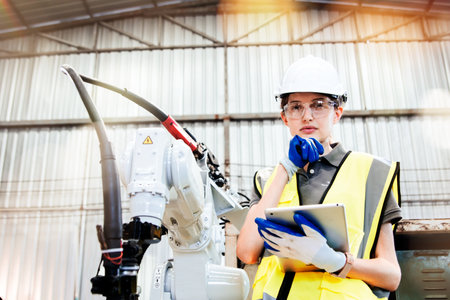 Portrait caucasian female engineer professional electronics technician standing smart working in factory checking steel welding robot standing holding laptop working concentrationの写真素材