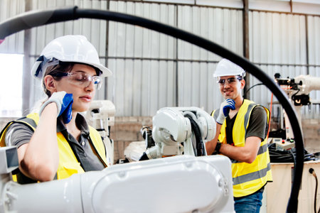 Female electrician working robotic arm taking break, calm and concentrating while male architect friends stand and watch with ease in industrial factory : Electrician engineer workの写真素材