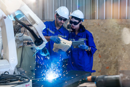 Male and female engineers and industrial electronics technicians holding remote control electric welding robot arm for complete welding trial work in robotic assembly plant to inspの写真素材