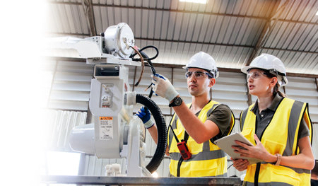 Two caucasian engineers electrical electronic man and woman set up program and inspect electrical wiring, control of robotic arm, automation system remote control assembly plant roの写真素材
