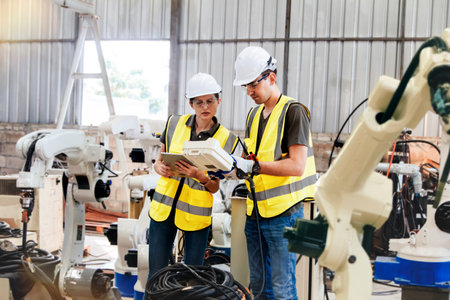 Architect team, electronic technician man and woman controlling remote control, robotic arm, electric welding in factory warehouse, automated testing by industrial electric circuitの写真素材