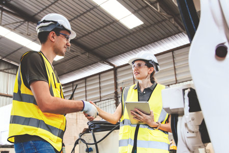 Male and female electrician engineers shaking hands working together as a team to inspect modern electric welding robotic arm in factory warehouse. Automated testing by industry ciの写真素材
