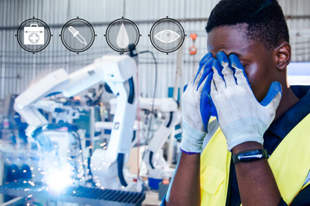 African american male worker staring at glare during steel welding, eye pain irritation tearful eyes hands covering face preventing flares sparks from electric welding with roboticの写真素材