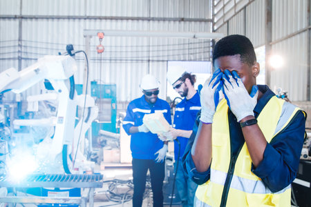 African American worker without glasses eye protection hands over face, standing close, unguarded from glare as two engineers work to control welding robot : Safety first conceptの写真素材