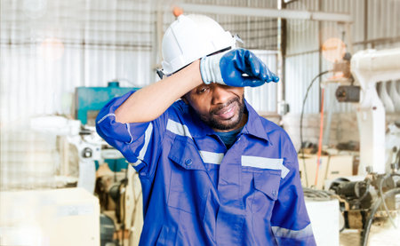 African american black male worker engineer working in electric robotic welding factory where sweltering heat is too exhausting walks for breaks wipes sweat on his forehead and thiの写真素材