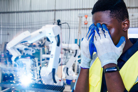 African american male worker staring at glare during steel welding, eye pain irritation tearful eyes hands covering face preventing flares sparks from electric welding with roboticの写真素材