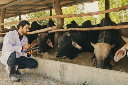 Male veterinarian livestock officer sits examines health bull in the pen observe eating habits cleanliness nutrition and contagious diseases epidemics and animal husbandry recordinの写真素材