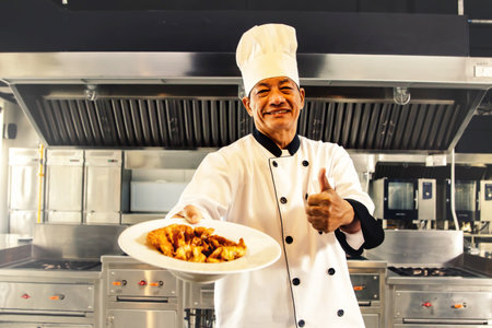 Professional senior chef wearing asian chef's hat in modern hotel kitchen showing delicious Thai food menu ready to serve customer thumbs up happy cooking.の写真素材