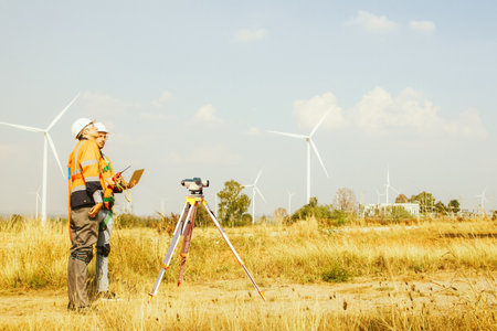 Side view teamwork architect male surveyor team working with surveyor's telescope measure heights of walk in areas surveying wind generating fields to plan road construction with pの写真素材