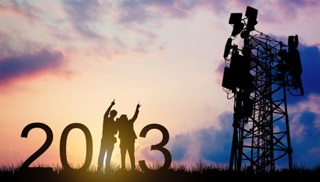 Silhouette morning architect team two engineers man standing planning prep project blueprint 2023 working towering outdoor telecommunication antenna that will improve technology peの写真素材