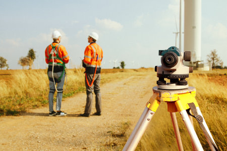 Back view Architect male surveyor team working with surveyor's telescope to measure heights of walk in areas, surveying wind generating fields, to plan road construction with profeの写真素材