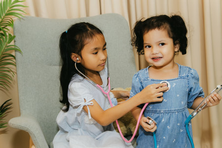 The innocence of a girl : Older sister having fun using stethoscope with sister checking heart health, playing doctor in house.の写真素材