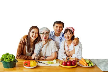 Portrait family healthy parents and asian sisters and daughters posing for present photo in modern...