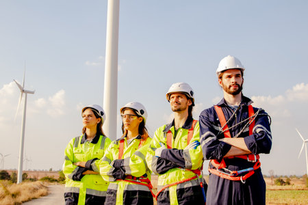 Smart professional team of technicians male and female safety uniformStanding with arms crossed determined, disciplined, ready to perform duties on wind turbine towerの写真素材