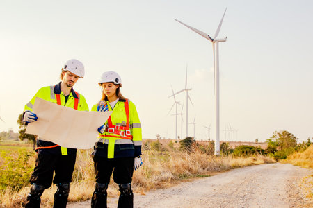 Geographic men and women explorers holding compass find the topography wind farms explore develop...