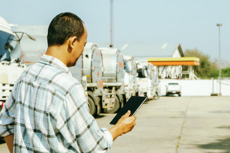 Asian male worker driving truck transport oil business industry in regional gas station checking car time on tablet parking lot to travel delivering liquid oil is on its way to desの写真素材