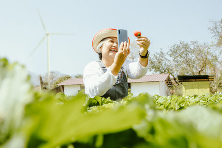 Senior woman farmer sitting and harvesting ripe red strawberries in the orchard and take picture with smartphone with big berry.の写真素材