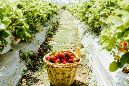 Bright red ripe strawberries cut into wooden basket placed in the middle of a strawberry farm farming in a natural organic field : Commercial and tourism strawberry cultivation andの写真素材