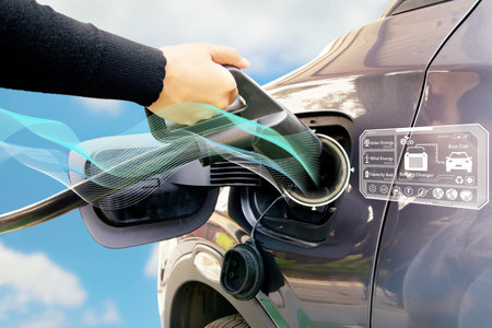 Hand of a young woman driving an EV or electric car holding a DC power plug into her black and gray electric car battery socket : Clean energy vehicle alternative energy is becominの写真素材