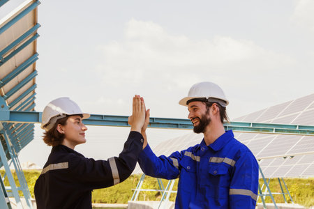 Happy high fives of electrical engineers, smart men and women work as a team to inspect the installation and maintenance of solar cell panels of the power station together. High fiの写真素材