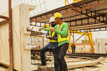 African American foremen and Asian workers use tape measure measure rebar spacing check strong and stable standards and record their work on a tablet for the construction of precasの写真素材