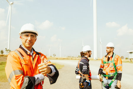 Engineering male technician working together group technicians maintenance team inspecting wind turbines preparing to enter the power station area with thumb up confidently startinの写真素材