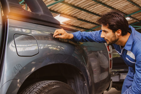 Male worker inspecting pickup truck, paint mechanic examining scratched car surface body damage near wheel arches using white chalk to paint circles to repair in auto workshop factの写真素材