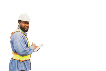 Afro american male worker safety officer in reflective vest holding clipboard recording work, factory safety checklist, standing and looking at camera on white background : Clippinの写真素材