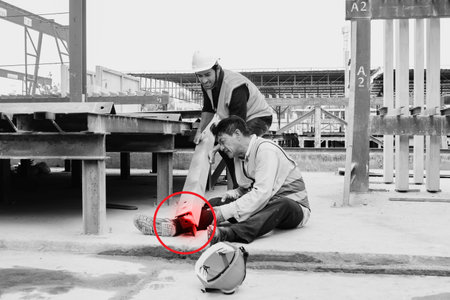 Industrial plant accident large steel bar from high platform falls senior male worker's leg prefabricated house wall production site with safety worker helping lift the steel fromの写真素材