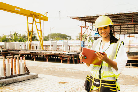 Attractive 20 year old leadership beautiful indian female worker wearing hard hat holding clipboard inspecting work area of precast concrete wall construction site outdoors and looの写真素材