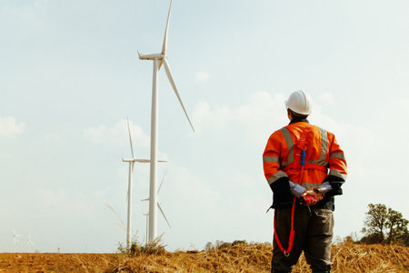 Back view male engineer technician standing looking at wind turbine tower structure station location renewable power generation with wind energy works thinking inspection maintenanの写真素材