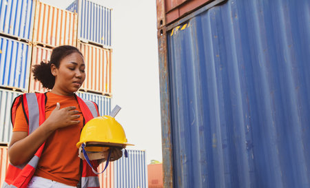 African American female worker working outdoors areas container yard shocked by the accident the steel plate fell to the head from height on the helmet with shocked face that almosの写真素材