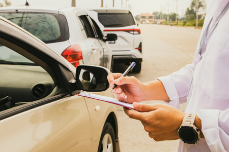 Male insurance company officer was present at the scene documenting three vehicle crash on the road caused by speeding and reckless driving taking care of customers to protect theiの写真素材