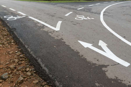 Bike lane sign on roadの写真素材