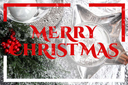 Christmas card, merry christmas, english, England, table, snow, christmas ball, xmasの写真素材